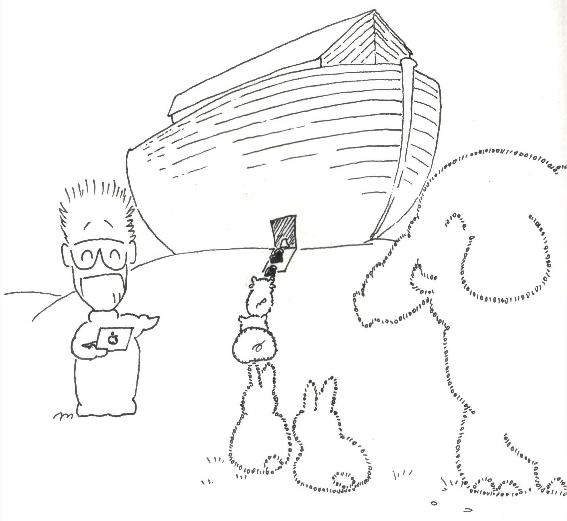 Vaseman guiding digital animals to enter an ark